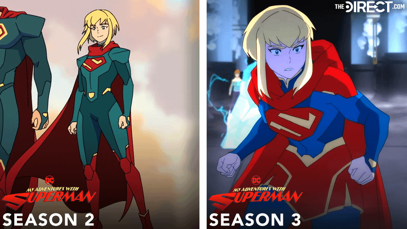 Supergirl outfit in My Adventures with Superman Season 2 vs Season 3.