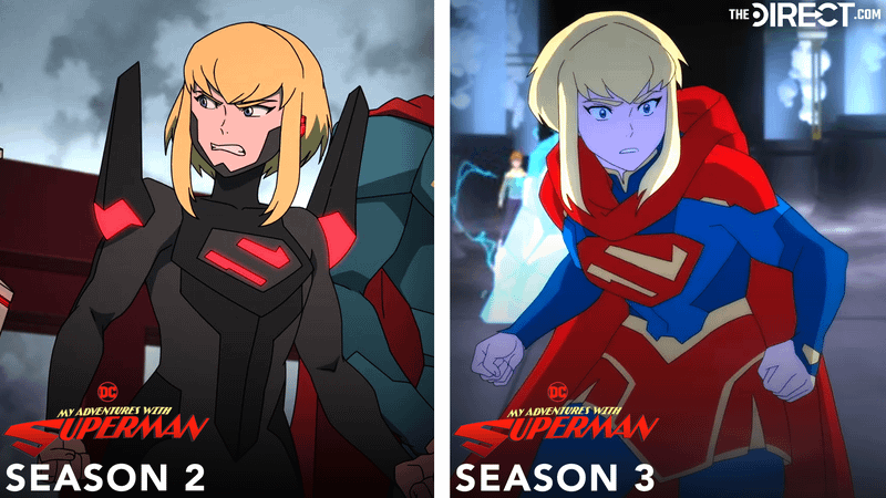 Supergirl armor in My Adventures with Superman Season 2 vs Season 3 outfit.
