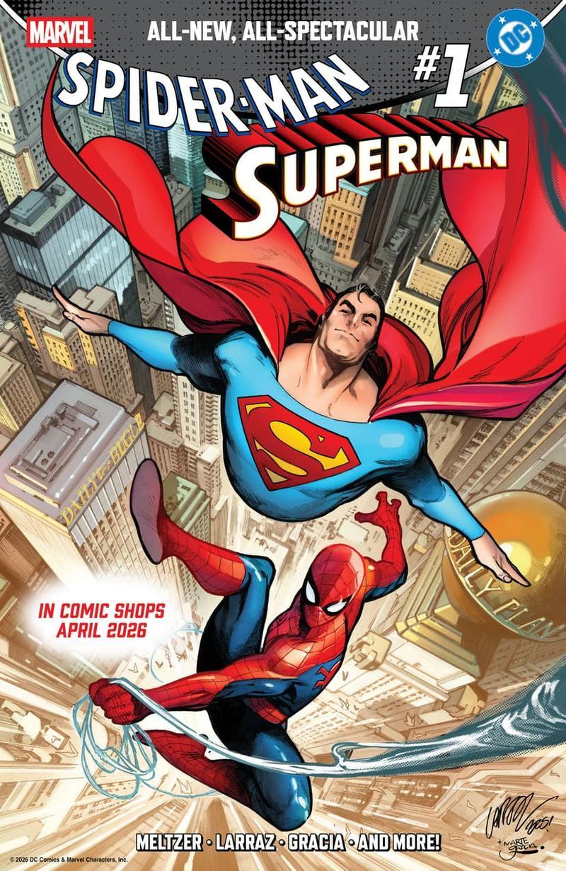 Superman and Spider-Man soaring through the sky in variant comic book crossover cover.