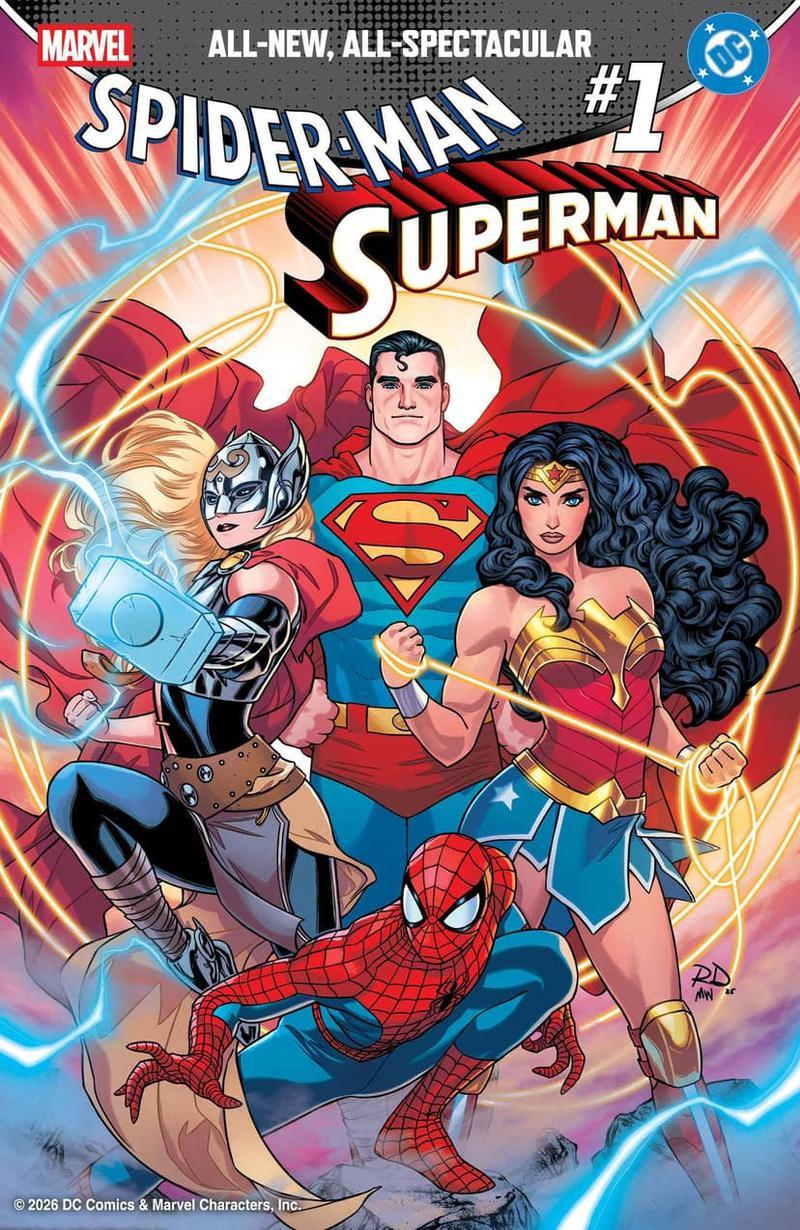 Jane Foster, Superman, Wonder Woman and Spider-Man team up in variant cover.
