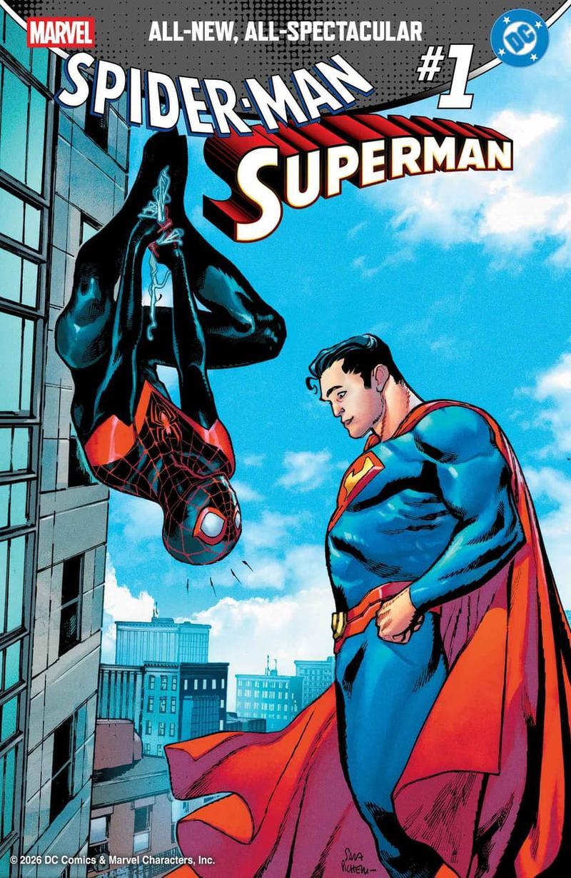 Miles Morales and Superman in variant comic crossover cover.