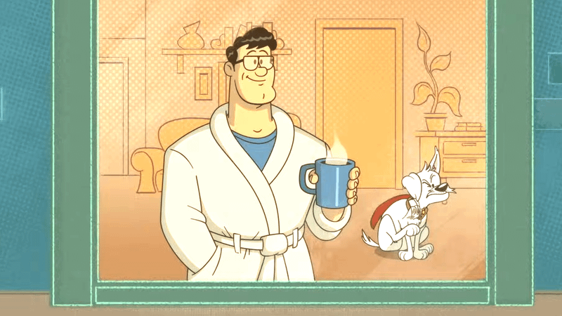 Superman standing at a window sipping coffee in Krypto Saves the Day!
