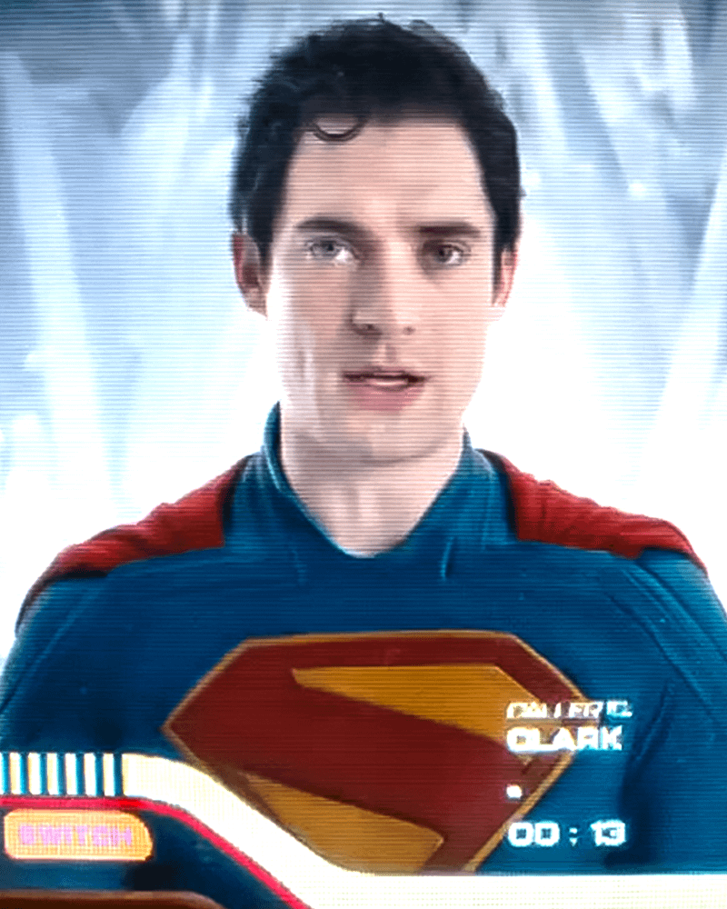 close-up shot of David Corenswet as Superman in 'Supergirl' trailer.