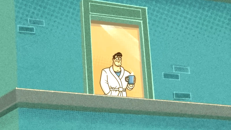 Superman holding a coffee looking out a window in Krypto Saves the Day!