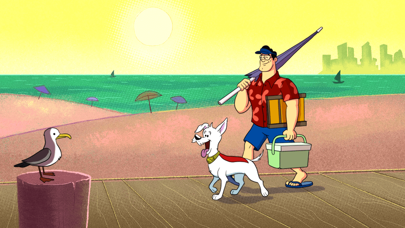 Superman and Krypto walking on the beach in an animated Krypto short