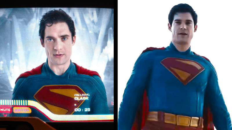 Image of Superman on a screen and Superman in the air.