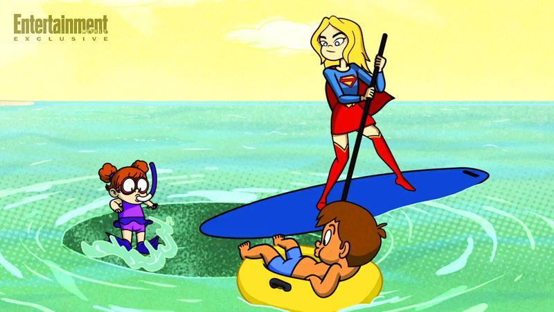 Supergirl on a surfboard in 'Krypto Saves the Day!.'