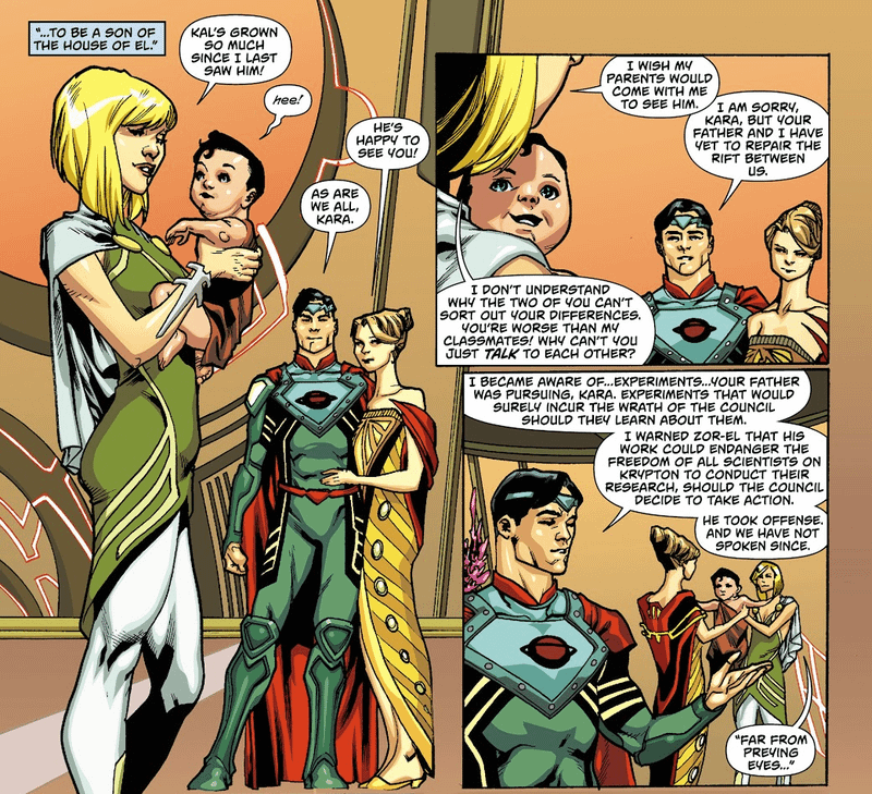 Comic panels from Issue #0 of Supergirl (2011) where Kara is speaking to Superman's parents on Krypton.