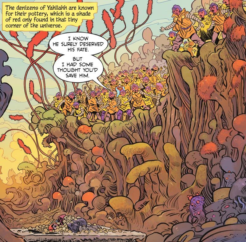 Panel from Supergirl: Woman of Tomorrow showing Kara and Ruthye witnessing a public execution of one of the Brigands.