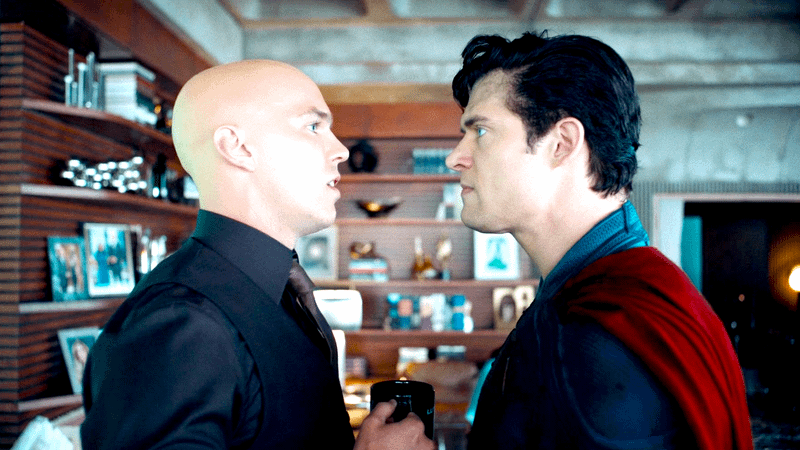 Superman in a confrontation with bald villain Lex Luthor.