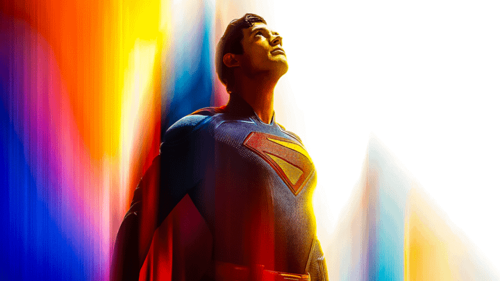 David Corenswet as Superman looking up in the Superman poster.