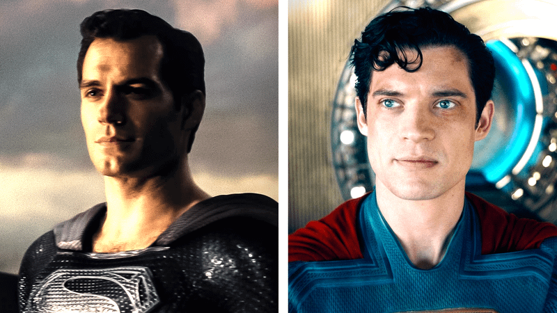 Heny Cavill as Superman with black suit in 'Zack Snyder's Justice League,' David Corenswet as Superman in 'Superman.'