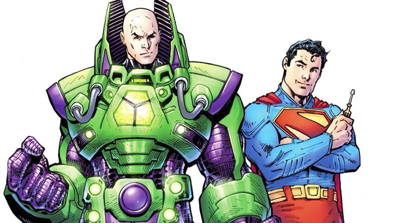 Lex Luthor in green supersuit and Superman in costume from DC Comics.
