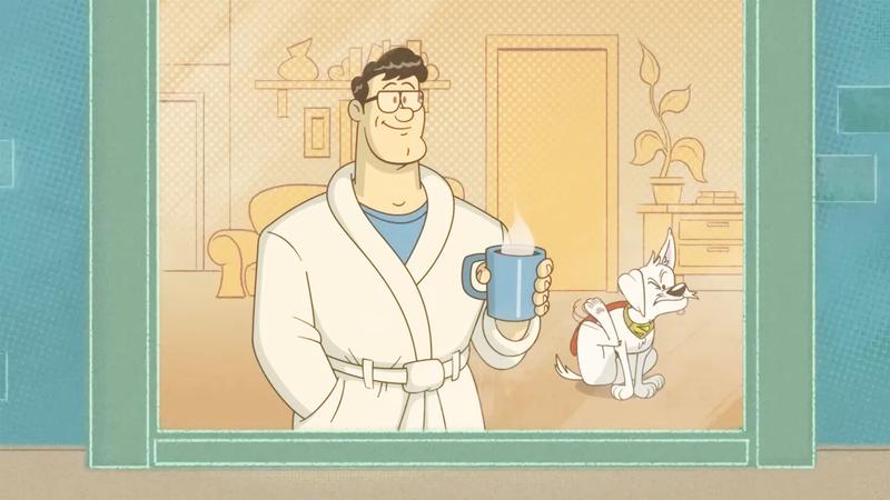 Clark Kent in a bathrobe holding coffee next to Krypto the Super-Dog in 'Krypto Saves the Day!.'