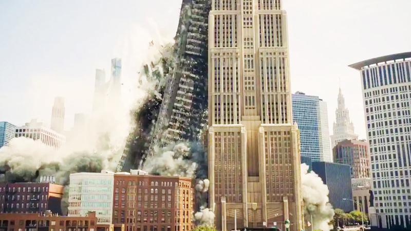 A building falling onto another in Superman