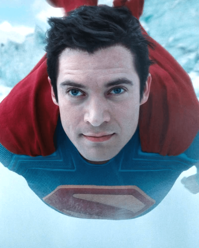 David Corenswet as Superman flying in 'Superman.'