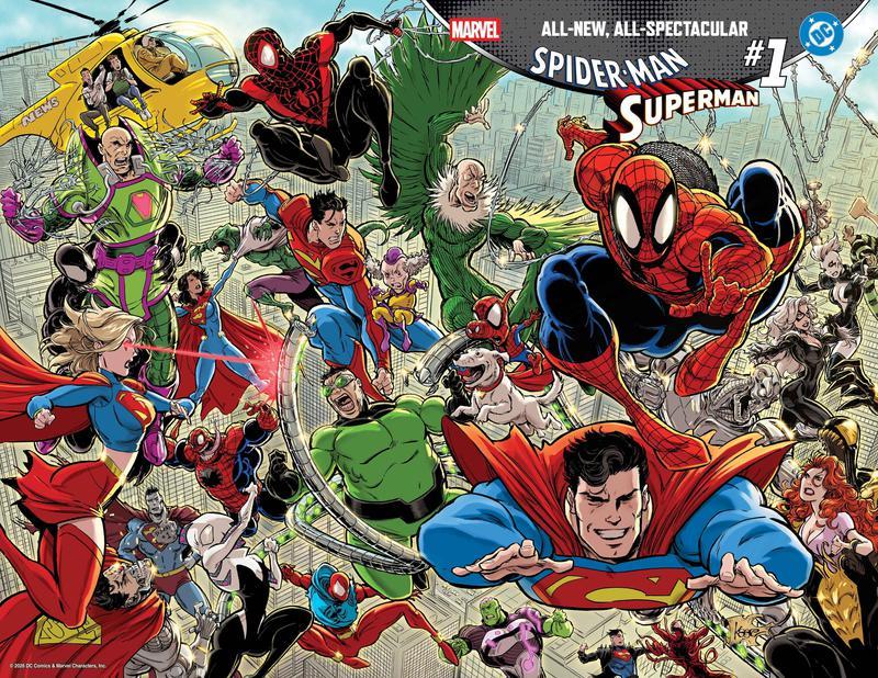 Spider-Man, Superman, and villains for both from Marvel Comics and DC Comics.