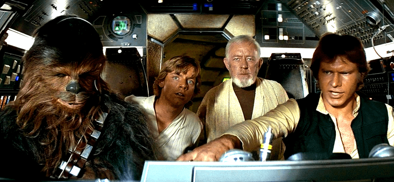 Chewbacca, Luke, Ob-Wan and Han Solo in Star Wars A New Hope