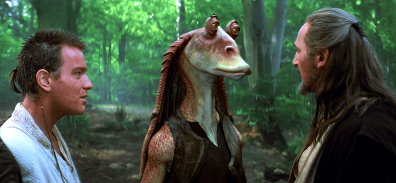 Obi-Wan Jar Jar Binks and Qui Gonn Jinn in Star Wars Episode I: The Phantom Menace