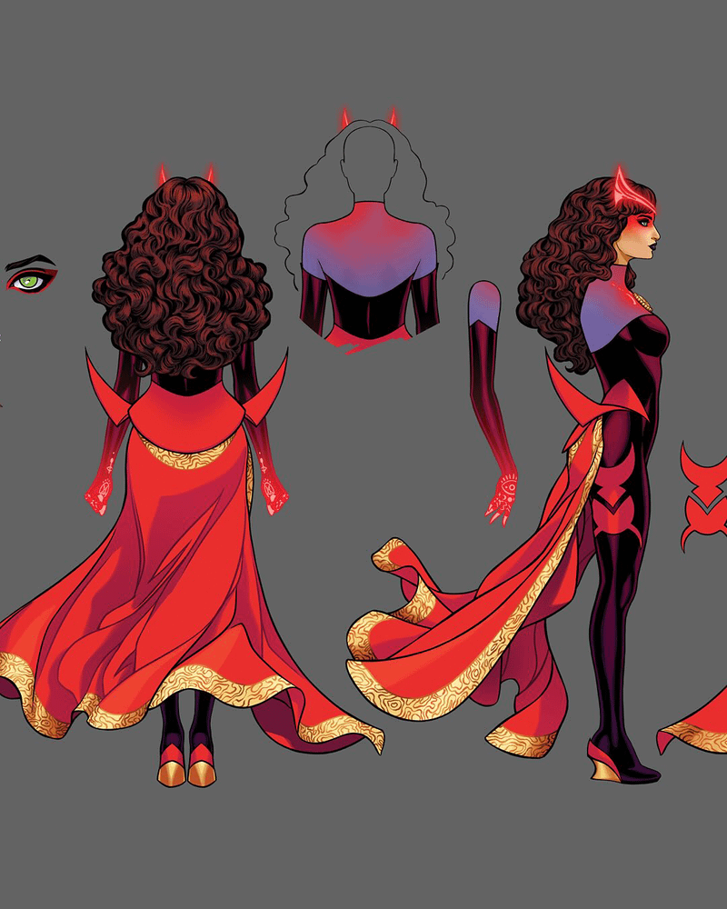 A side and back view of Scarlet Witch's new Marvel Comics costume