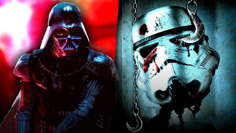 Darth Vader and a bloodied Stormtrooper mask.