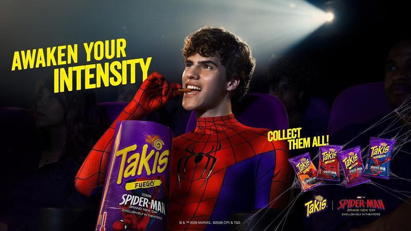 Takis chips ad with Spider-Man costume for 'Spider-Man: Brand New Day.'