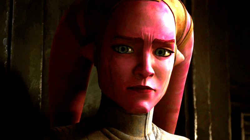 Devon Izara, a red-skinned Twi’lek with a stern look on her face.
