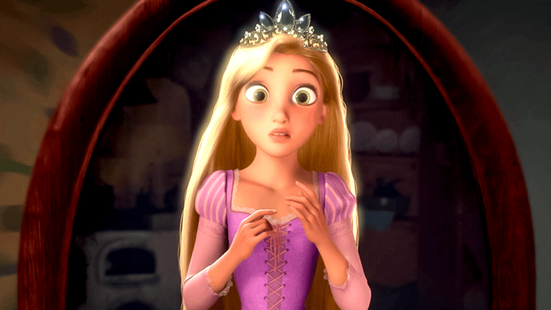 Rapunzel in the animated Tangled movie.