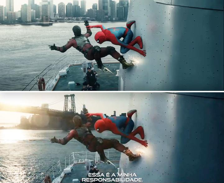 The original shot of Spider-Man fighting Tarantula and the updated shot below it.