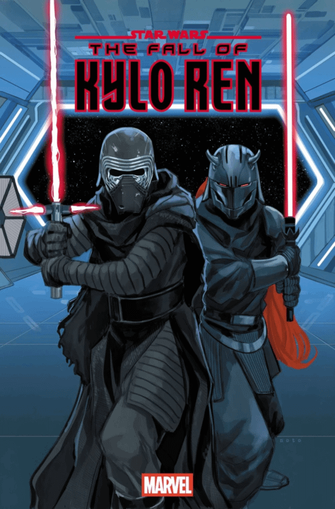 Kylo Ren and Tava Ren with their lightsabers drawn.
