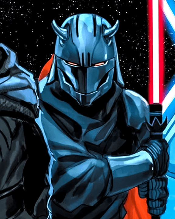 Tava Ren with her helmet on and her lightsaber drawn.