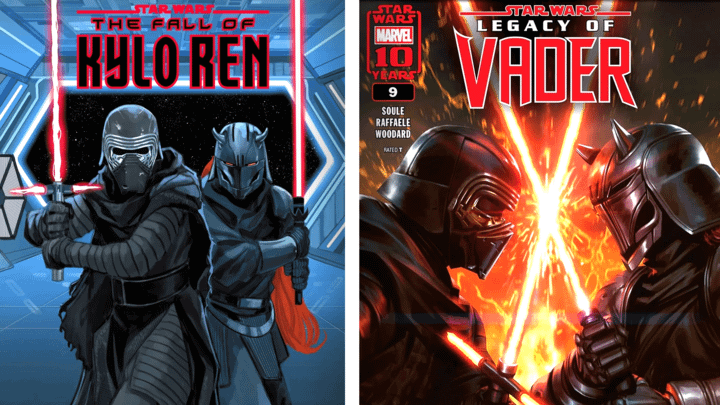 The Fall of Kylo Ren issue #2 cover on the left and the Legacy of Vader issue #9 cover on the right.