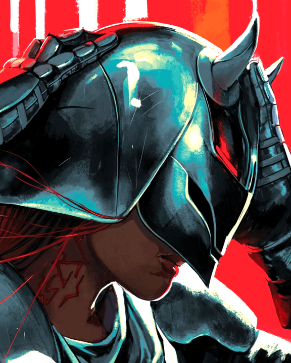 Tava Ren putting on her helmet in the comics.
