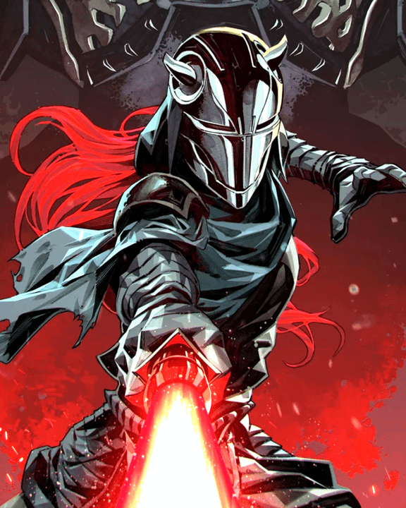 Tava Ren holding out her lightsaber.