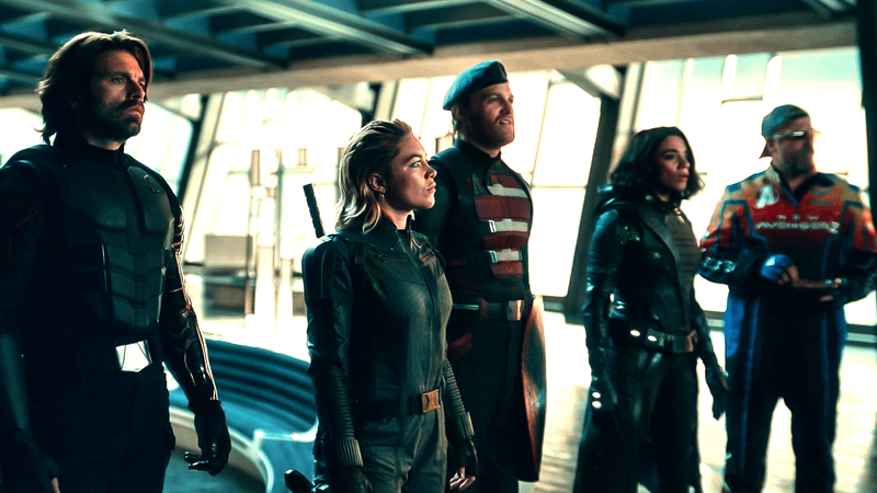 Sebastian Stan (Winter Soldier), Florence Pugh (Yelena Belova), Wyatt Russell (U.S. Agent), Hannah John-Kamen (Ghost), David Harbour (Red Guardian) in Thunderbolts*' post-credits scene