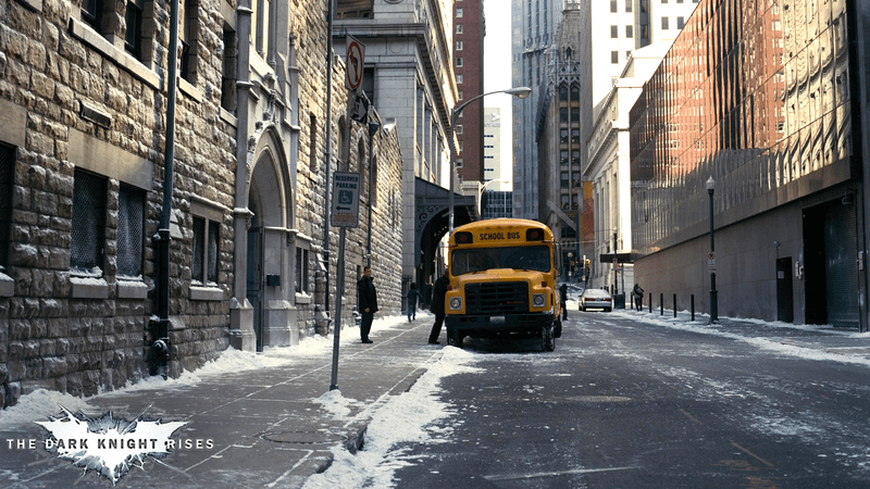 Snow on the ground in Gotham in The Dark Knight Rises.