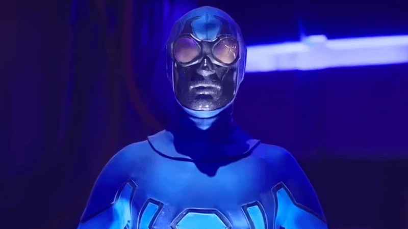 Ted Kord's costume on a mannequin in Blue Beetle post-credit scene.