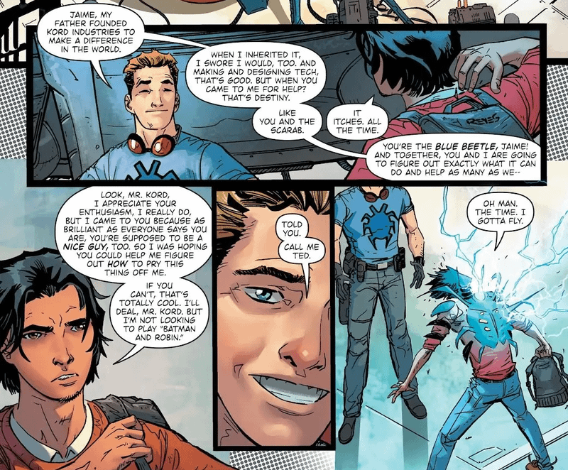 Ted Kord attempting to mentor Jaime Reyes in Blue Beetle: Rebirth (2016) #1.