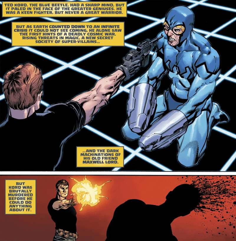 A retelling of Maxwell Lord shooting and killing Ted Kord from Tales from the Dark Multiverse: Infinite Crisis (2019) #1.