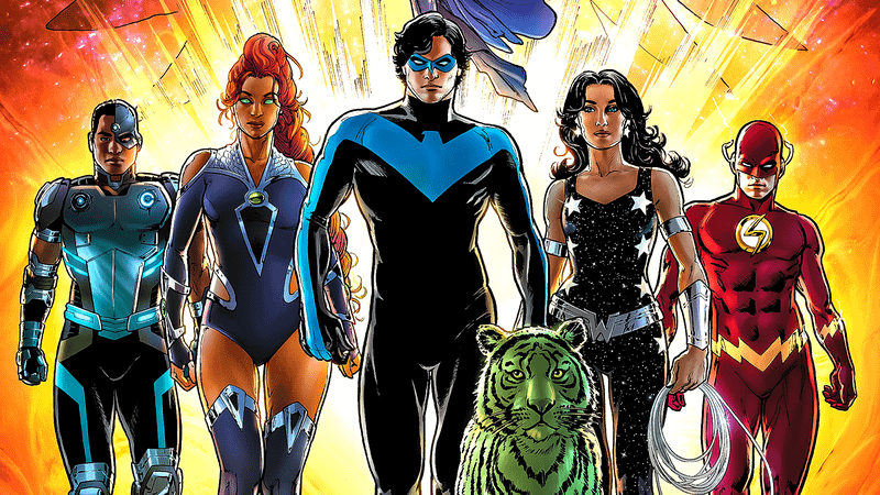 Teen Titan members, Nightwing, Starfire, Flash, Cyborg, Donna Troy and Beast Boy.