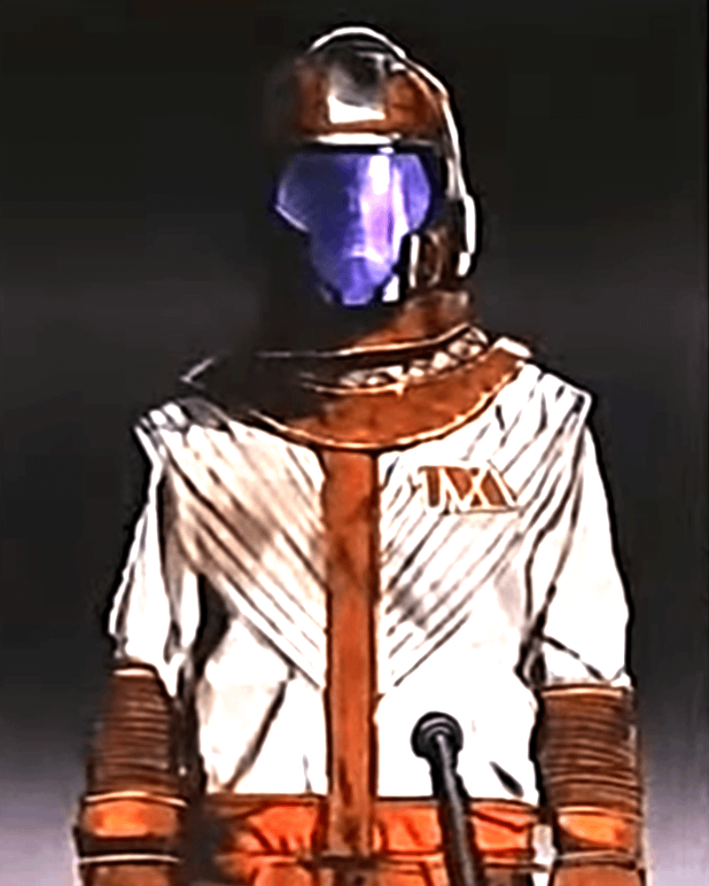 An orange and white design of the TVA Temporal Core Suit from Loki Season 2
