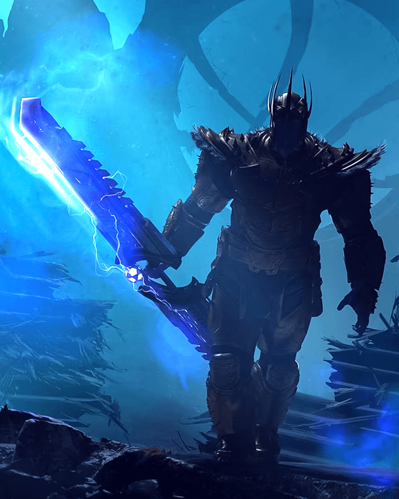 King Thanos wearing a crown and holding a double-bladed sword.