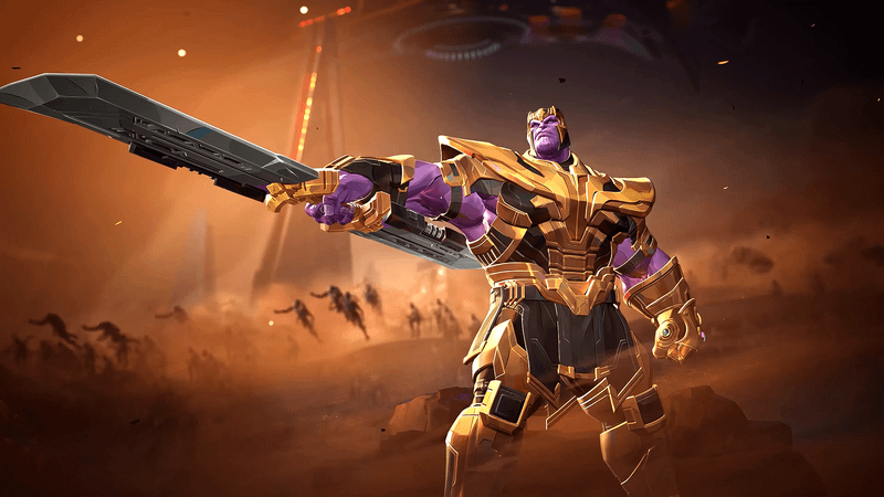 Thanos pointing his two-bladed sword.