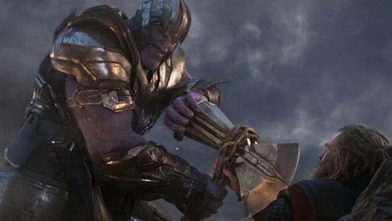 Thanos holding Stormbreaker in Avengers: Endgame.