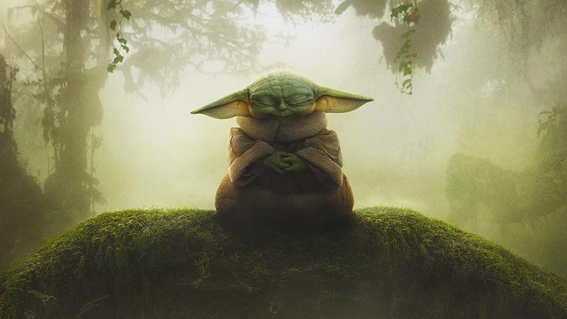 Grogu sits on a mossy rock in a misty swamp in The Mandalorian and Grogu.