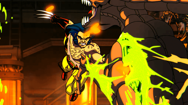 Wolverine jumping at a Brood with his claws out.