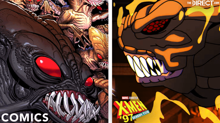 the Brood from Marvel Comics on the left and in X-Men '97 on the right.