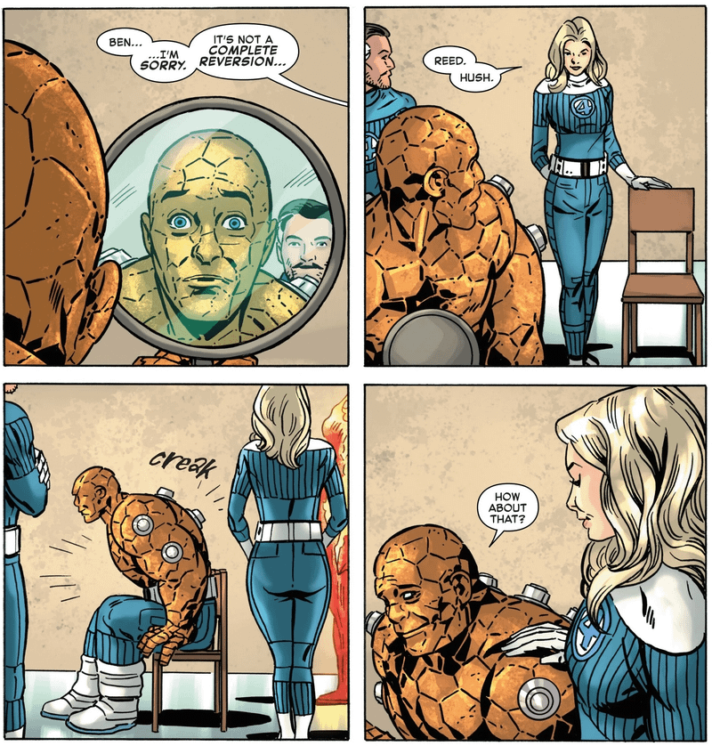 Ben Grimm cured as The Thing as he looks at himself in a mirror.