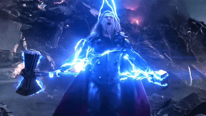 Thor wielding Mjolnir and Stormbreaker in Avengers: Endgame.
