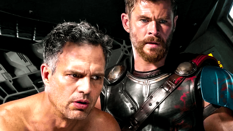 Thor and topless Bruce Banner in Thor Ragnarok.